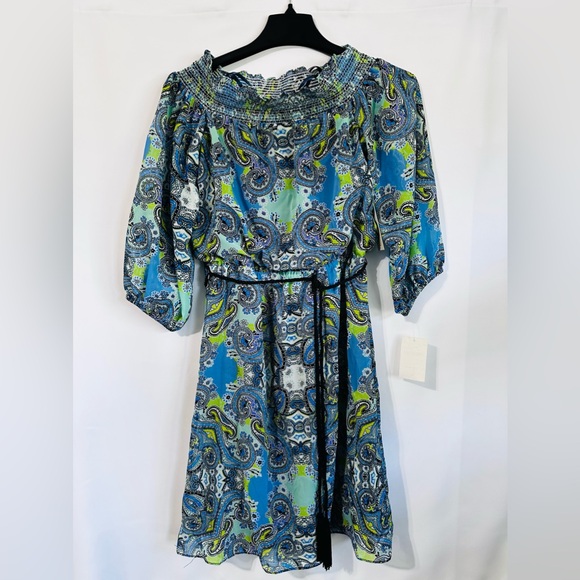 Eliza J Smocked Off-the-Shoulder Paisley Dress Sz 4 Knee Length - Picture 1 of 7